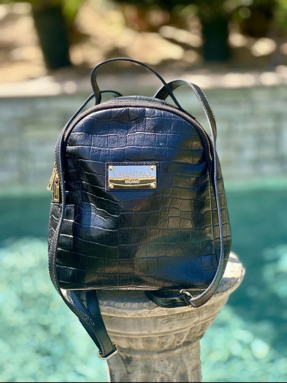 Valentino Mario croc-embossed dome Mini backpack Black Embossed, Gold Hardware